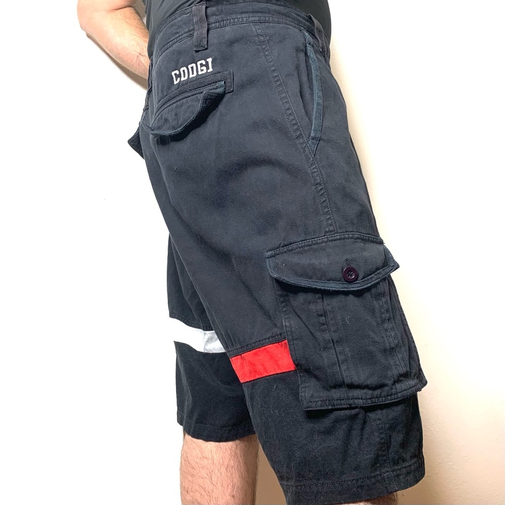 Coogi, 100% Cotton Black Wash,, Draw String, Red-White Legs Stripes Cargo Shorts